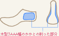 図解：木型3　AAA幅の横から見た図と、後ろ側から見た図。かかと上の水色の斜線エリアが削った部分。